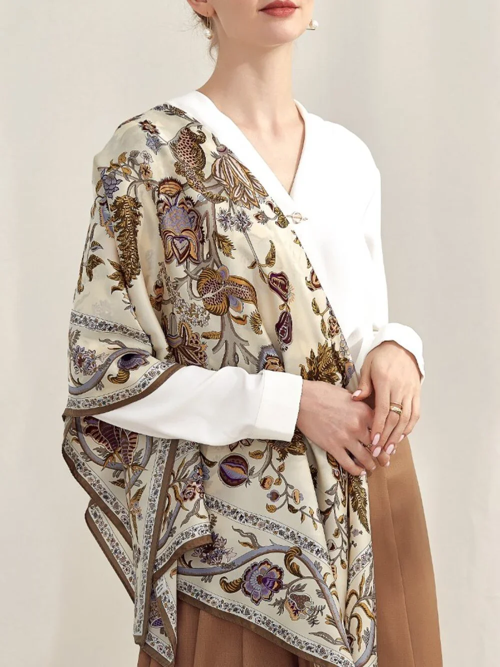 100% Silk Scarves, Extra-Large, Beanstalk, Creme With Taupe Trim